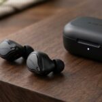 AURORAのロゴが入った黒色のワイヤレスイヤホンと充電ケース。