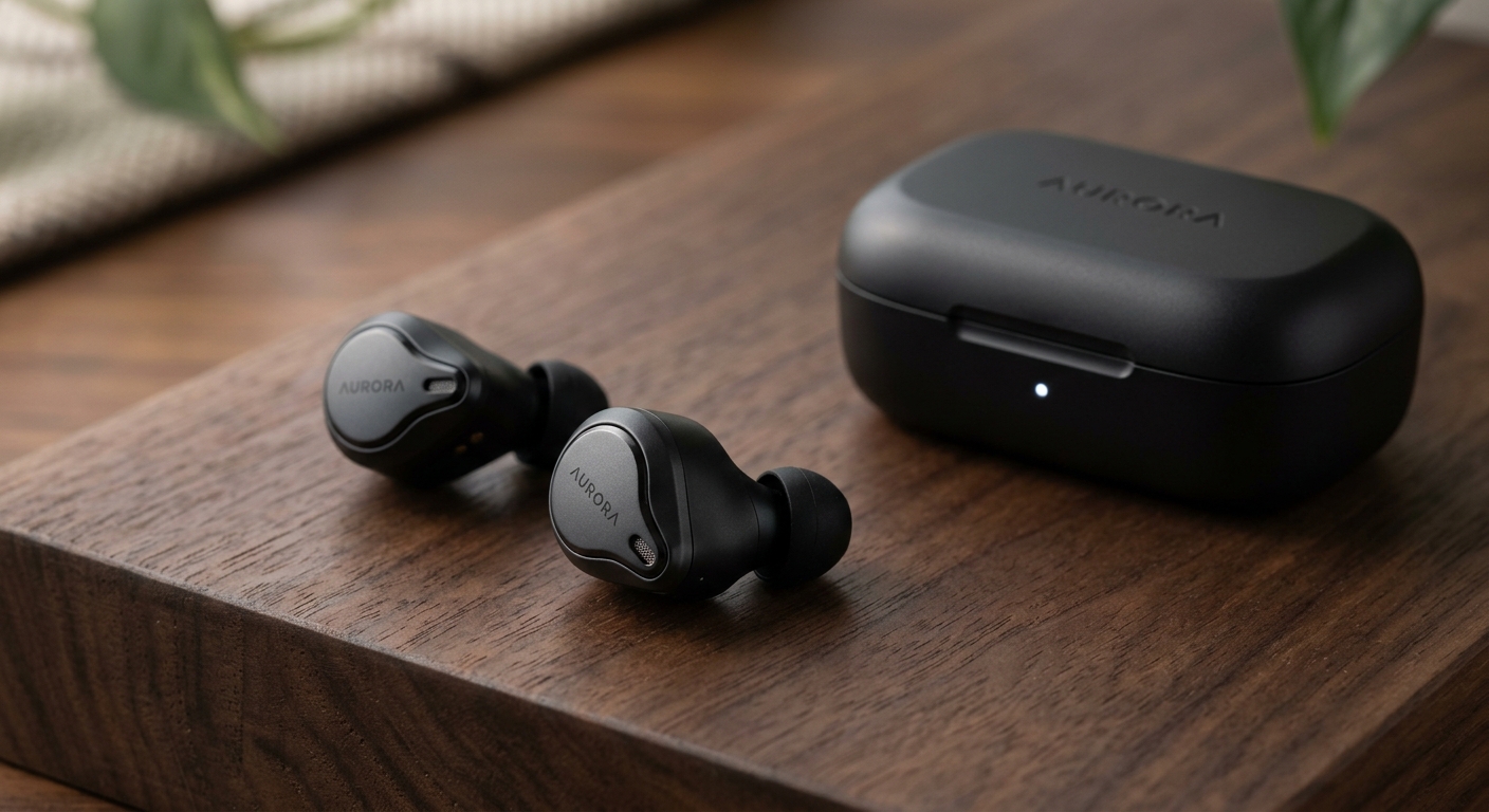 AURORAのロゴが入った黒色のワイヤレスイヤホンと充電ケース。